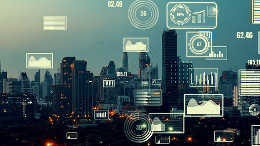商业数据分析界面在智能城市上空飞过 显示改变的未来人工智能会计营销手机电影互联网技术社交全球化解决方案图片