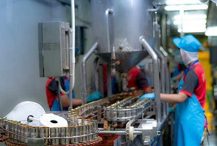 鱼罐头工厂 食品工业 食品厂传送带上罐装红番茄酱沙丁鱼 模糊在食品加工生产线上工作的工人 食品制造业背景图片