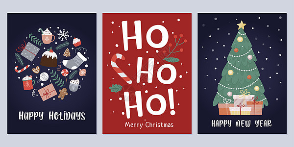 一套圣诞和新年贺卡 配有树 礼品盒 叶子 甘蔗 泡菜 浆果 姜饼饼干假期松树咖啡食物袜子问候语玩具手杖庆典海报图片