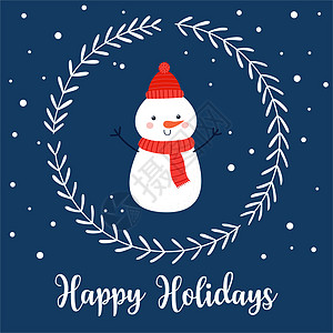 圣诞卡 有滑稽的雪人 装饰花圈和字母 用简单的卡通风格家庭新年明信片邀请函艺术手绘乐趣快乐幸福卡片图片