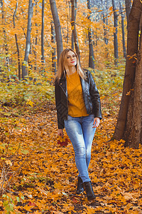 女孩拿着落叶在秋天公园散步 季节性概念图片