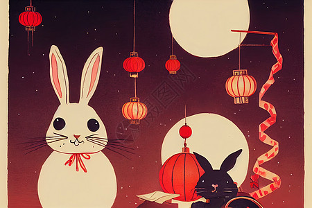 可爱的兔子站在月亮上与喜庆图片