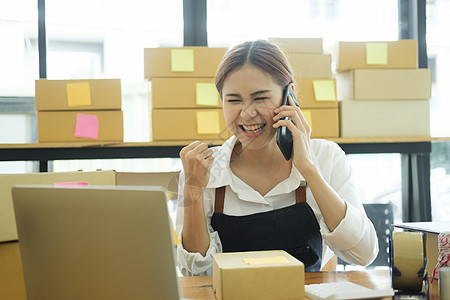 女性在线企业主与客户通过电话交谈 请访问InfoFinland上的官方网站人士公司地址店铺营销仓库互联网办公室服务快乐图片