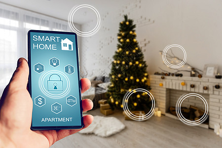 智能手机应用程序屏幕上的智能家居技术界面 具有增强现实 AR 视图的物联网 IOT 连接对象在公寓内部 人员手持设备助手活力安全图片