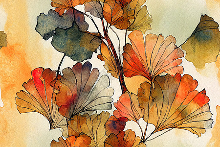 以秋色显示的清水颜色天衣无缝模式斑点涂鸦叶子水彩墨水曲线液体马赛克中风插图图片