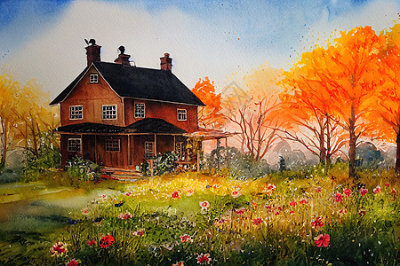 乡村家庭秋天的水彩画 风景图片