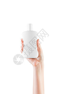 女性手握奶油液瓶 单独隔离女孩在白色背景上提供化妆品制品凝胶手臂姿势产品身体皮肤塑料洗发水洗剂润肤图片