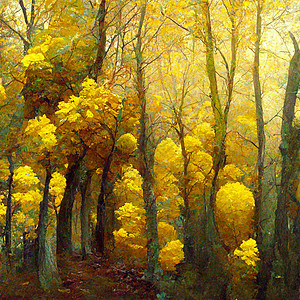 秋天森林地貌 秋季季节的多彩水彩画 绿树和黄树黄色绿色艺术木头漂移插图树叶棕色绘画橡木图片