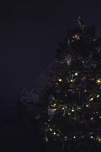 装饰圣诞树 灯光照亮黑暗背景 复制空间材料辉光点燃蓝色花环小玩意儿壁炉假期房间季节图片