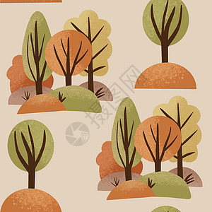 手绘秋天秋天森林木树的无缝模式 橙黄色林地景观草丛树枝 野营户外公园活动背景 生态环境图片