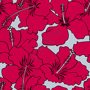 手绘红芙蓉花的无缝图案 颜色 2023 趋势 灰色背景的花卉热带夏威夷印花 花园丛林夏季设计 岛屿绽放艺术图片