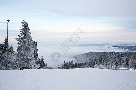 德国黑森州 Ren 的山上壮丽的冬季景观 神奇的高大苍松和雪杉覆盖着冰雪 地平线创造了一种幻觉 并与多云的天空和雾气融为一体 覆图片