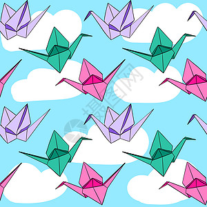 手绘无缝图案与日本折纸纸 crames 蓝天白云背景上的鸟 粉色紫色绿色日本亚洲儿童玩具儿童托儿所装饰服装 爱希望和平象征传统纸图片