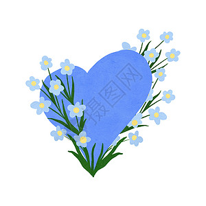 手绘蓝色心形与花卉的 情人节爱问候邀请海报 装饰性节日横幅 水粉艺术质感 优雅柔和的设计图片