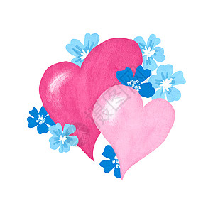 粉红色的手绘插图听到蓝色的勿忘我花 天爱可爱的卡片邀请海报 粉彩绽放花卉设计植物优雅印刷可爱装饰自然图片