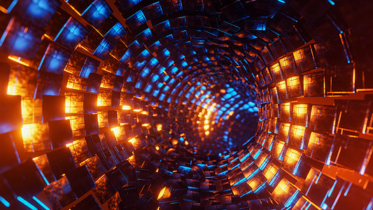 穿过一条蓝色和橙色金属立方体的隧道 3D投影图解派对螺旋控制板运动反射圆圈3d辉光音乐火花图片