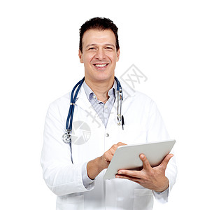紧跟医学发展 一位微笑的医生拿着数字平板电脑对着镜头微笑的工作室肖像图片