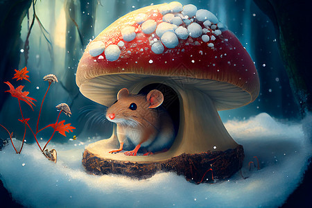 一只老鼠在冬天从蘑菇形状的房子偷看图片