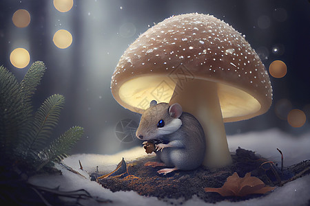 冬天 森林里有只老鼠 在一只发光的蘑菇下图片