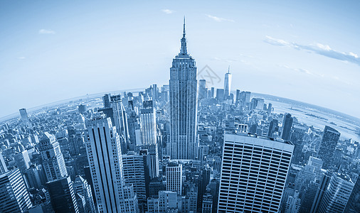 美国纽约市曼哈顿的鱼眼空中观察 日落时天线全景 鱼眼镜效应地平线中心鸟瞰图地标建筑学建筑蓝色场景城市天空图片
