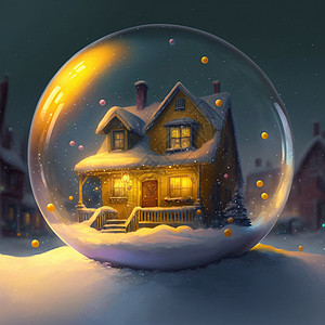 一栋小房子 玻璃球里有发光的窗户 新年展览 玩具假期眼镜爬坡庆典房屋房子卡片地球艺术水晶图片