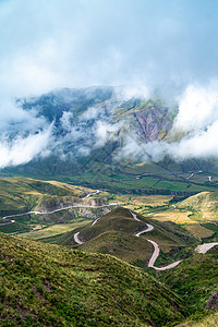 在安第斯山脉上沿山路行驶 天空在云中横扫顶峰山脉乡村小路拉丁旅游远足森林全景风景图片