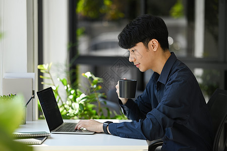 男性程序员在现代办公室笔记本电脑上饮咖啡和打字数据代码的侧边视图图片