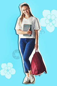 书籍 教育和学生 大学或学校的女孩在蓝色背景下 促进学术研究和学习 大学生活广告 肖像和背包的创意艺术品图片