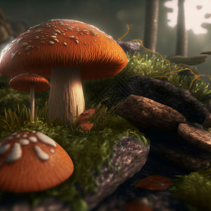 阳光下森林里的蘑菇茶会风景魔法钥匙植物小说故事蝴蝶花园冒险图片