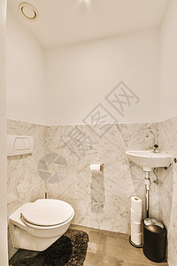 白色洗手间 配有厕所和水槽浴缸地面公寓风格淋浴卫生家具房子浴帘血管图片