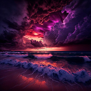 海滩上阴暗的紫色日落射线风暴天堂戏剧性风景天空蓝色反射支撑针叶图片
