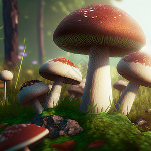 阳光下森林里的蘑菇花园魔法冒险蝴蝶风景场景天空故事植物茶会图片