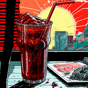 古老餐厅桌子上一杯可乐的画面 漫画风格晚餐卡片绘画海浪海滩海报标签气球古董紫色图片
