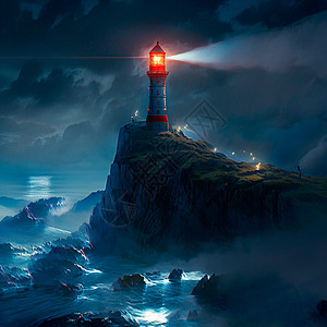 暴风雨中岩石上的灯塔闪电海景火箭支撑海岸线危险波浪天空力量戏剧性图片
