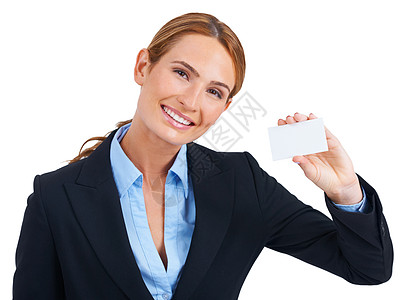 很高兴给你看一张名片 一个年轻女商务人士拿着一张空白名片的广告卡图片