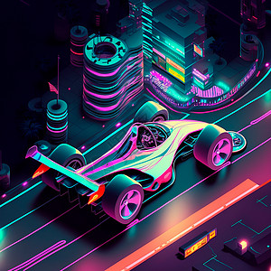未来赛车在夜间城市的公路上奔驰 背光 月亮 等离子仪3d技术金属渲染场景建筑插图运动街道合成器图片