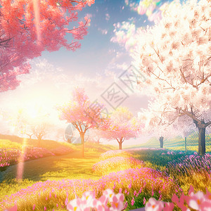 想象一个幻想的春天世界 有明亮的阳光和樱花艺术家环境叶子植物学幸福森林花卉太阳图案橙子图片