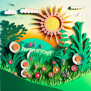 太阳 鲜花和绿园 用纸做成的多层手工艺品记事本纸艺卡片工艺广告材料阴影邮政回收插图图片