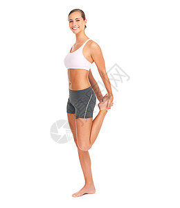 工作室里的健身 伸展腿部和女性肖像被白色背景模型隔离 运动 训练和快乐的女模特或运动员热身 准备和准备锻炼图片