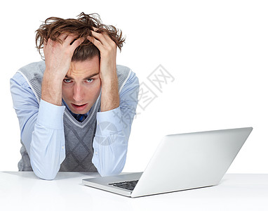 笔记本电脑上的压力 头痛和商务人士 白色背景和 404 技术故障 疲倦的工人倦怠 计算机病毒和工作室错误 焦虑 危机和税务问题混图片
