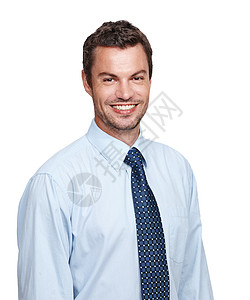 对自己的商业实力充满信心 穿着衬衫打领带的英俊商务人士在白色背景上对你微笑图片