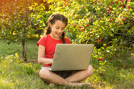 小女孩在夏花花园用笔记本电脑生态阳光叶子屏幕电子产品花园闲暇女孩教育公园图片