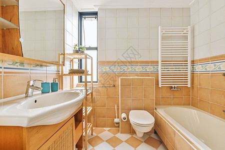 浴室 用洗手间和浴缸洗澡奢华龙头风格桌子虚荣公寓房子地面窗户图片
