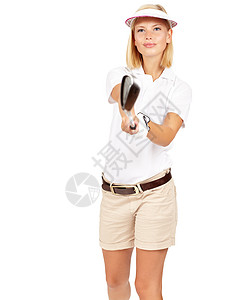 肖像与高尔夫俱乐部 运动和高尔夫与健身和训练样机白色背景的女人 运动动机 运动和高尔夫球运动员 专注和健康与积极健康图片