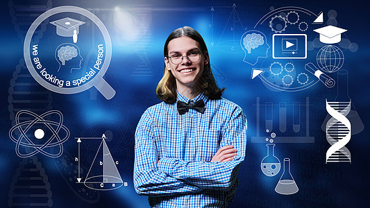 具有教育标志背景的青少年学生男生肖像图象科学几何学全球化学院生物学训练技术网络测试学习图片