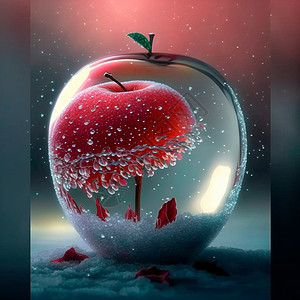 显示一个霜冻的红苹果 里面有各种内印液体反射狐狸气泡生产水彩时间收成维生素蜡烛图片