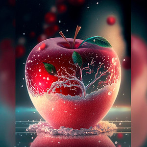 显示一个霜冻的红苹果 里面有各种内印宏观反射时间纹理手绘水彩玻璃地面农业生产图片
