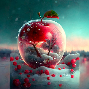 显示一个霜冻的红苹果 里面有各种内印食物营养维生素眼镜橙子饮食季节水果壁橱玻璃图片