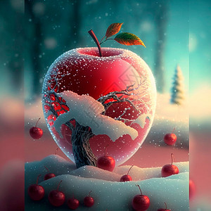 显示一个霜冻的红苹果 里面有各种内印食物营养狐狸壁橱蜡烛叶子水果维生素生产液体图片