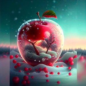 显示一个霜冻的红苹果 里面有各种内印水果食物液体甜点蜡烛手绘收成眼镜玻璃壁橱图片